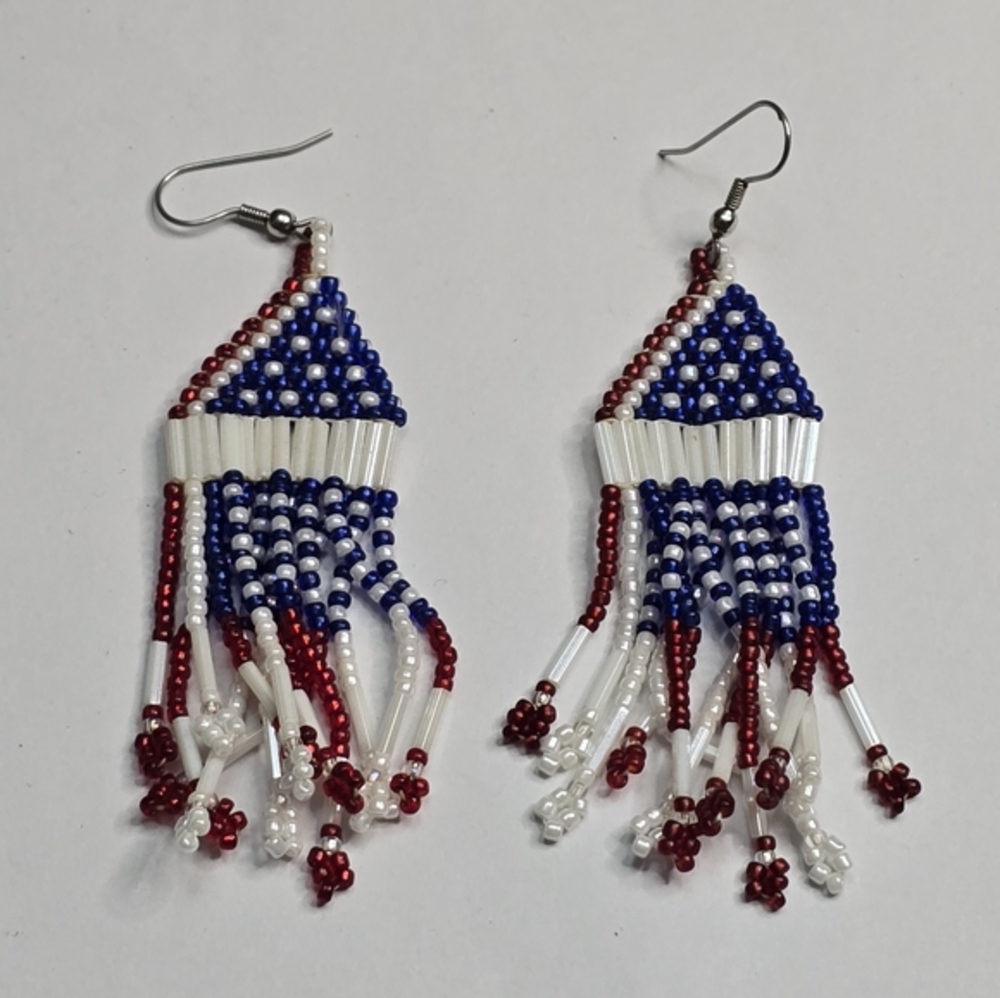 Handmade Patriotic America Beaded Dangle Earrings